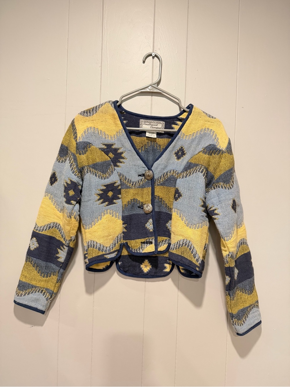 Vintage-Inspired Aztec Tapestry Jacket in Yellow & Blue